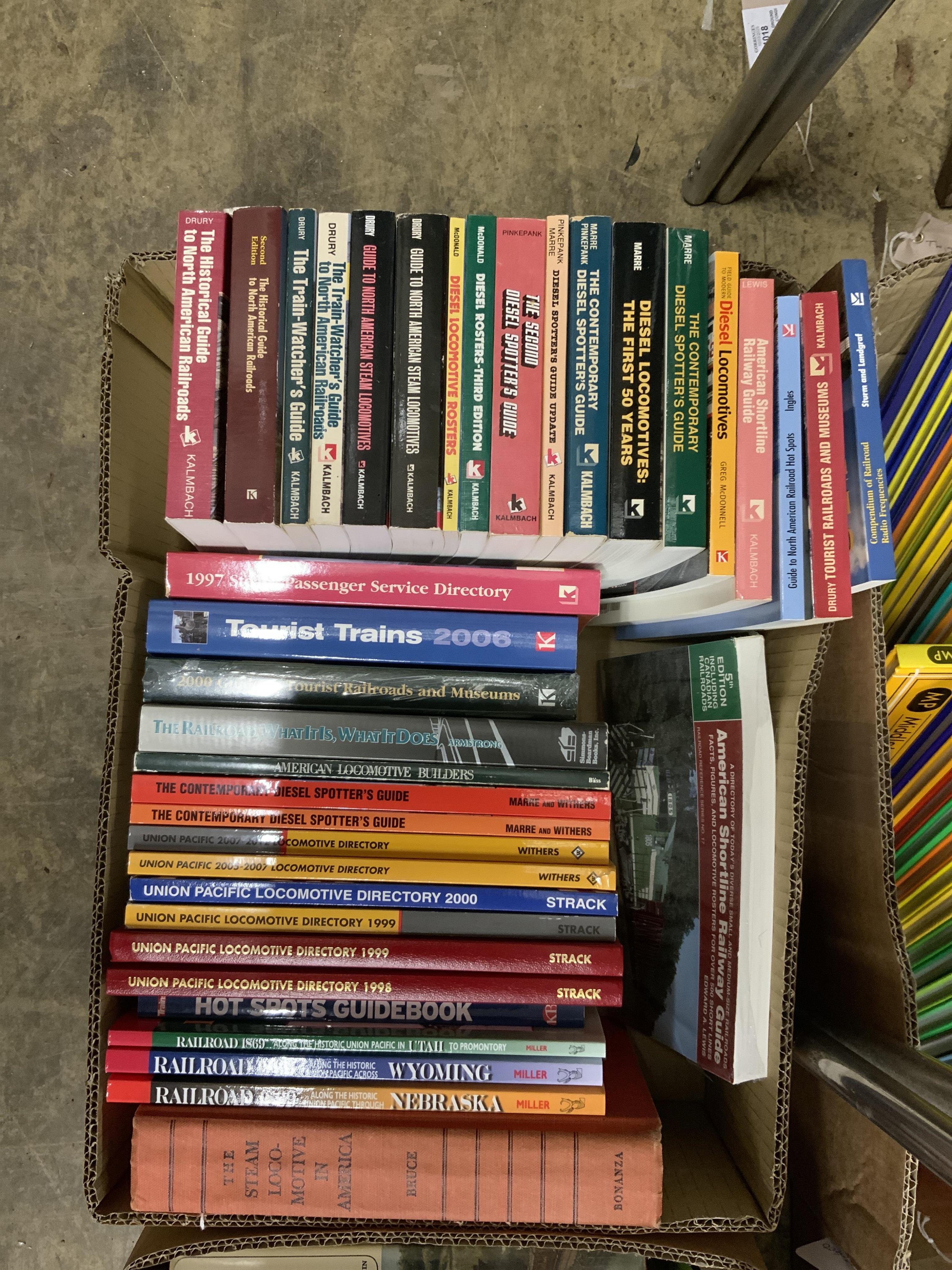 Eight boxes of railway related books, subjects include; Southern Railway, Garrett rolling stock, European railways, stationary engines, Indian Railways, American Railways, publishers include Middleton Press, David & Char